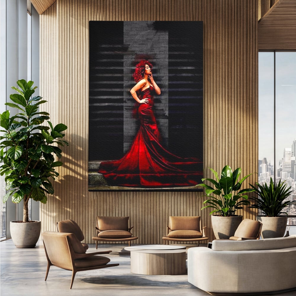 Tablou canvas cu tablou canvas cu femeie in rochie rosie, fara rama, pe sasiu de lemn, pe perete intr-un birou